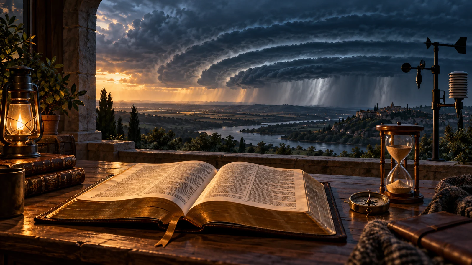 Original editorial artwork of an open Bible, weather instruments and rhythmic storm fronts suggesting birth pangs