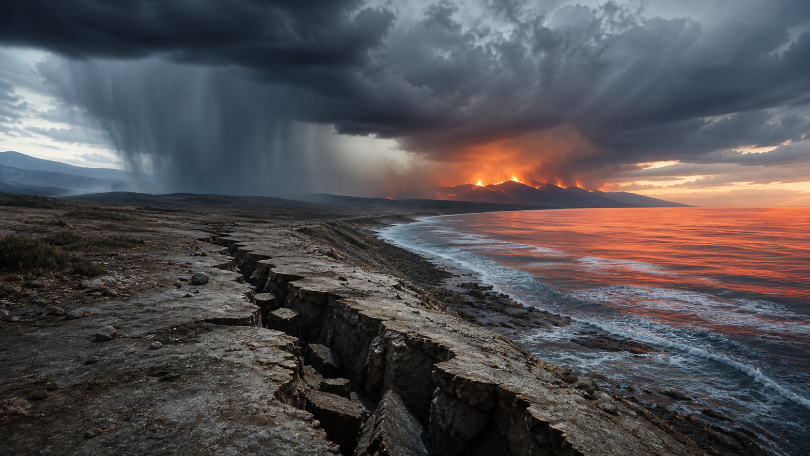 Original editorial illustration combining a fault line, storm, wildfire and warm ocean