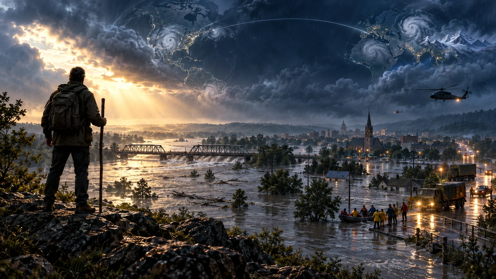 Original editorial artwork of a watchman overlooking a flooded town beneath connected global storm systems