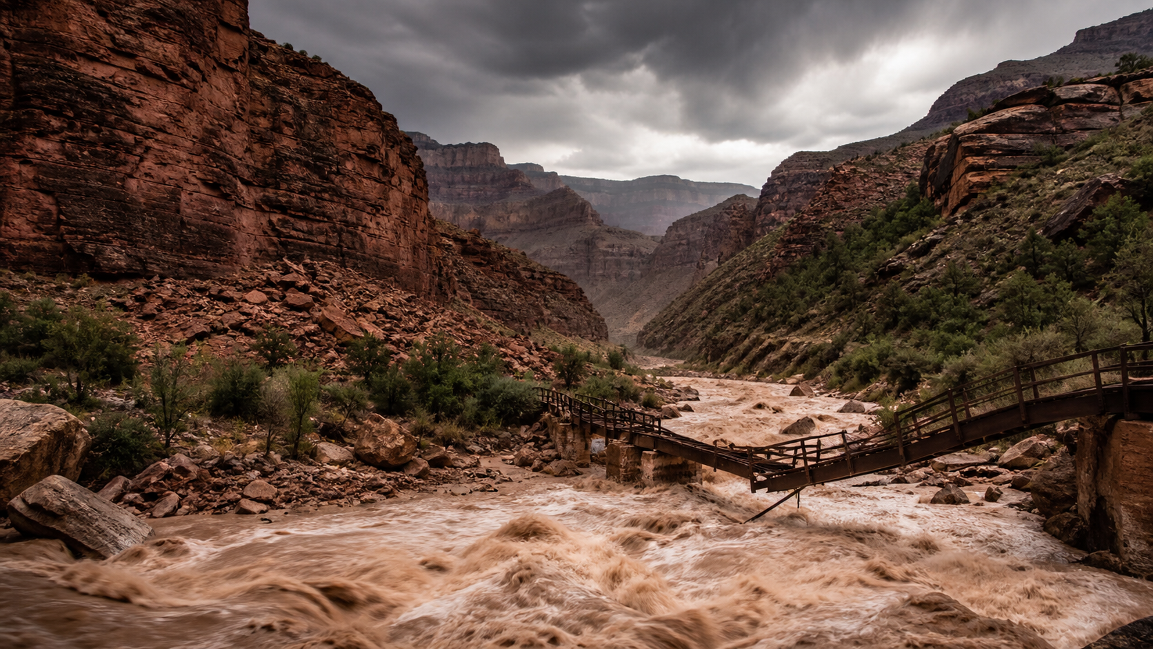Original editorial illustration of muddy floodwater rushing through a storm-darkened Grand Canyon and damaging a footbridge