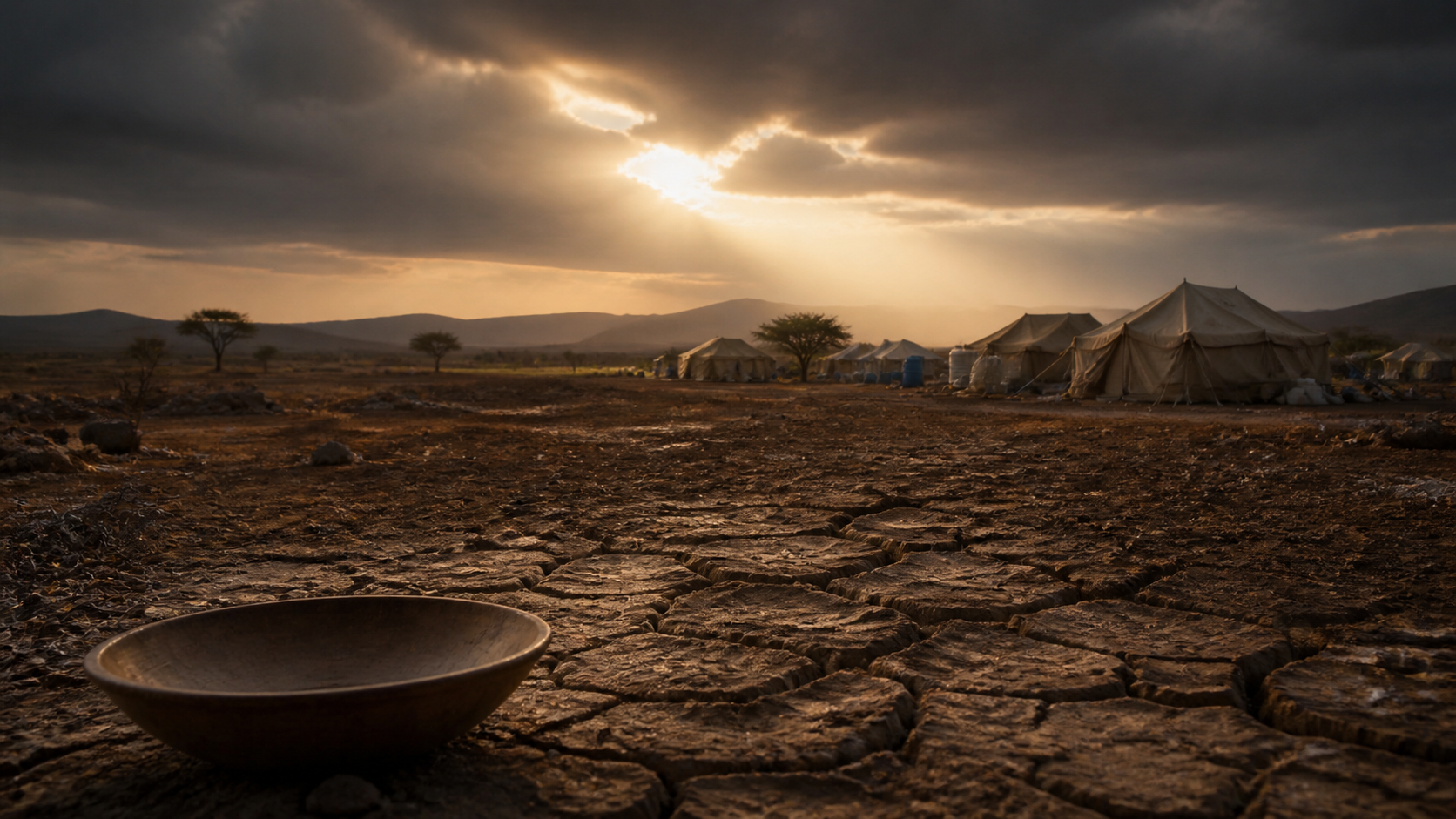 Original editorial illustration of a drought-stricken field and humanitarian relief tents
