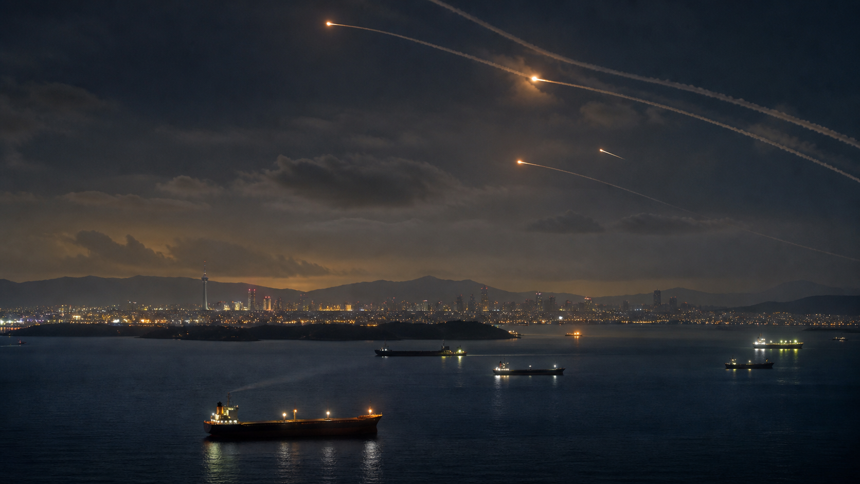 Original editorial illustration of commercial ships in the Persian Gulf beneath distant defensive missile trails