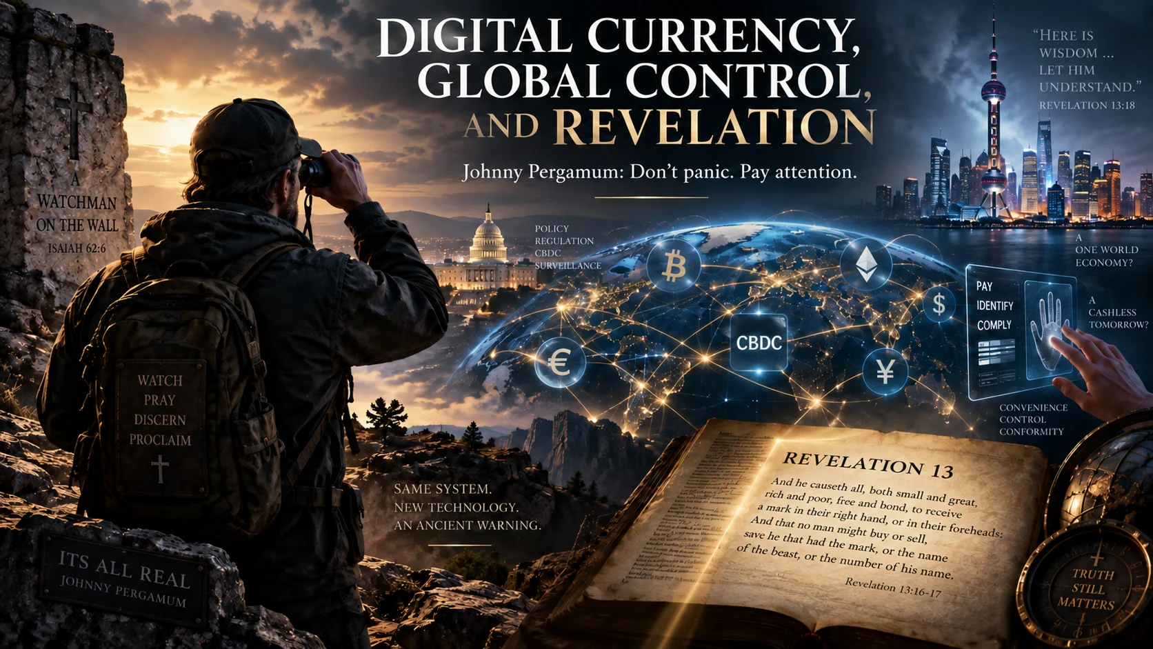 Watchman overlooking a digitally connected world beside an open Bible at Revelation 13
