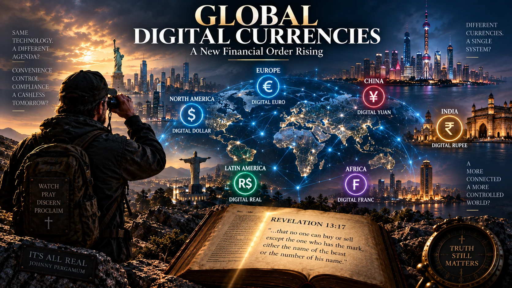 Global digital currencies illustrated across a connected world map with Revelation 13