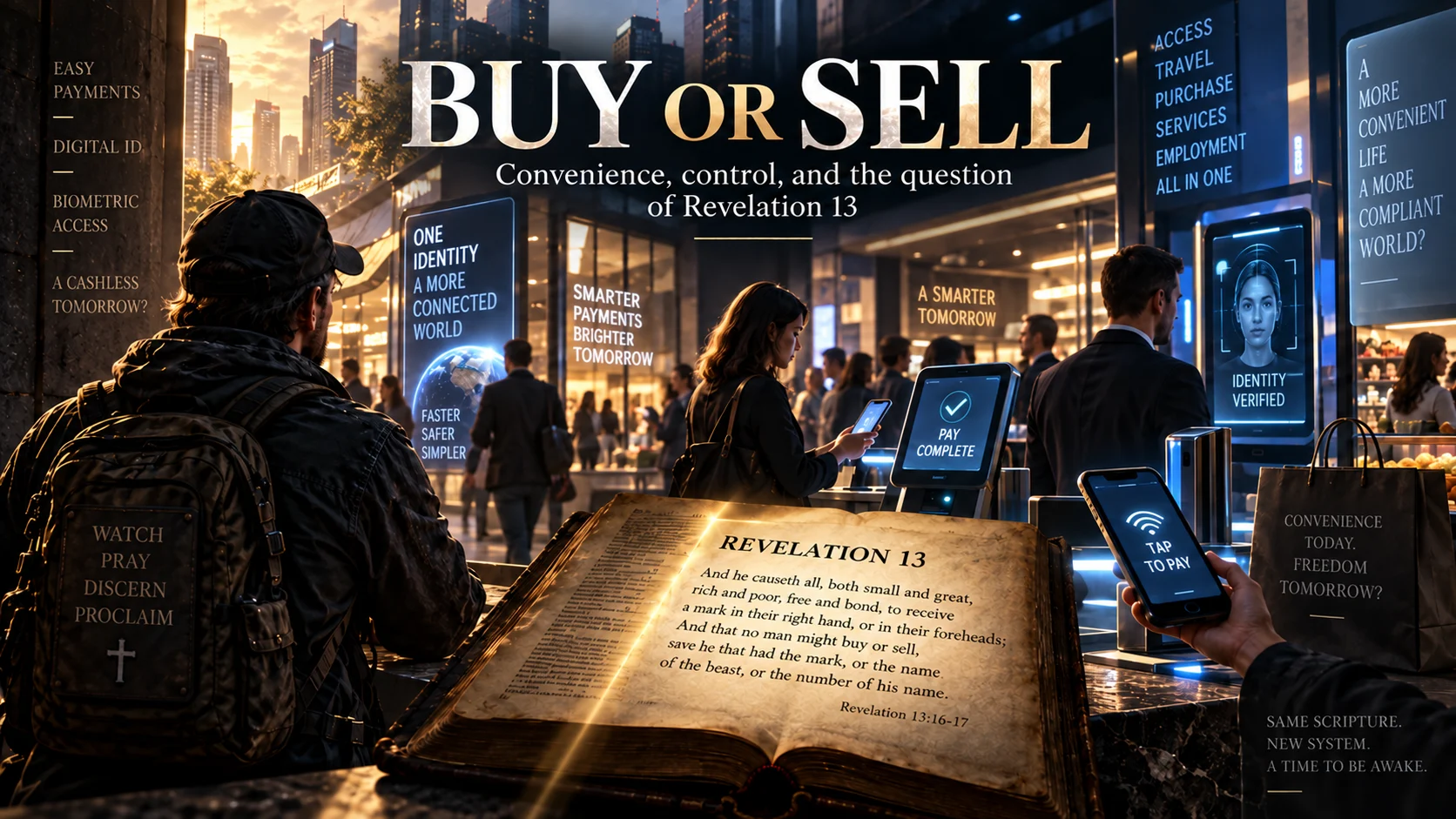 Editorial artwork contrasting convenient digital commerce with the warning about buying and selling in Revelation 13