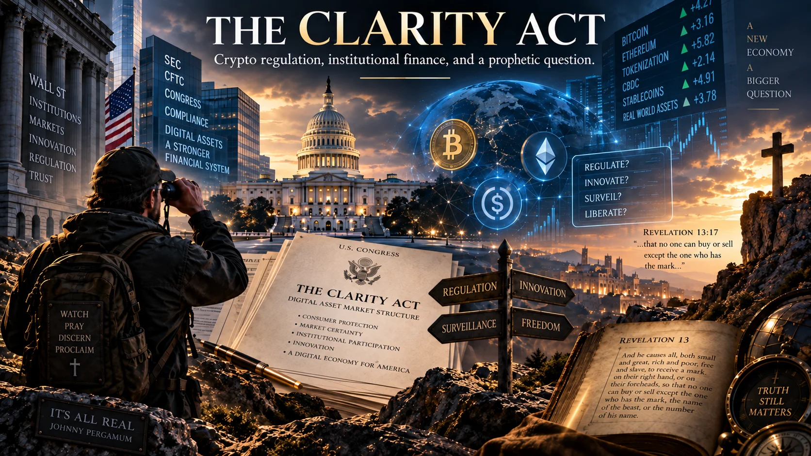 Editorial illustration of the CLARITY Act, the U.S. Capitol, digital assets and Revelation 13