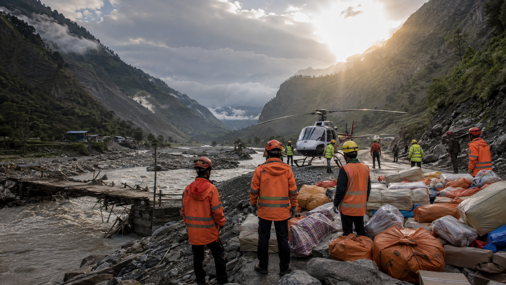 Original editorial illustration of rescue workers, relief supplies and a helicopter beside a flood-damaged Himalayan river valley in Nepal