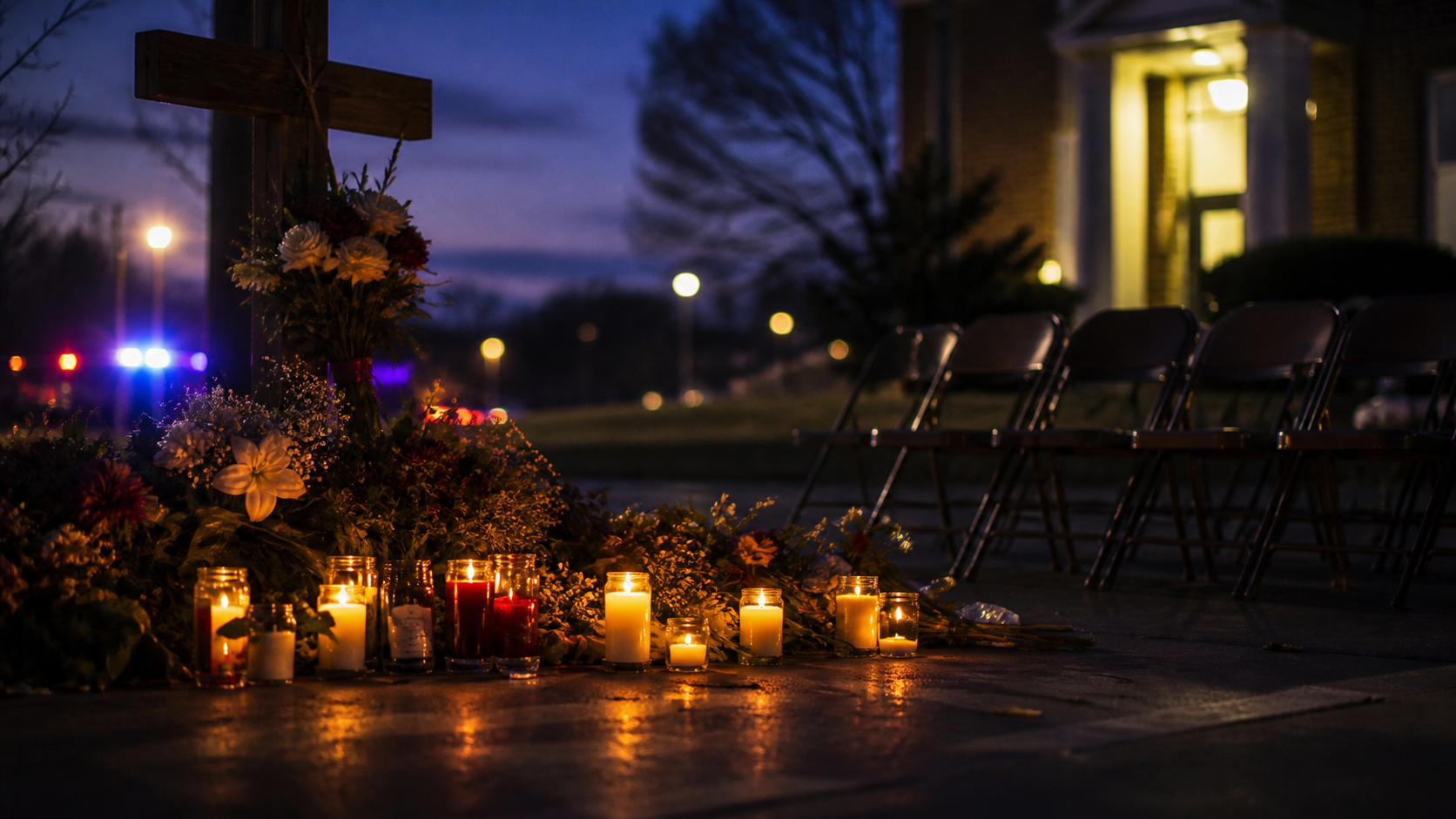 Original editorial illustration of candles, flowers and empty chairs at a solemn community memorial
