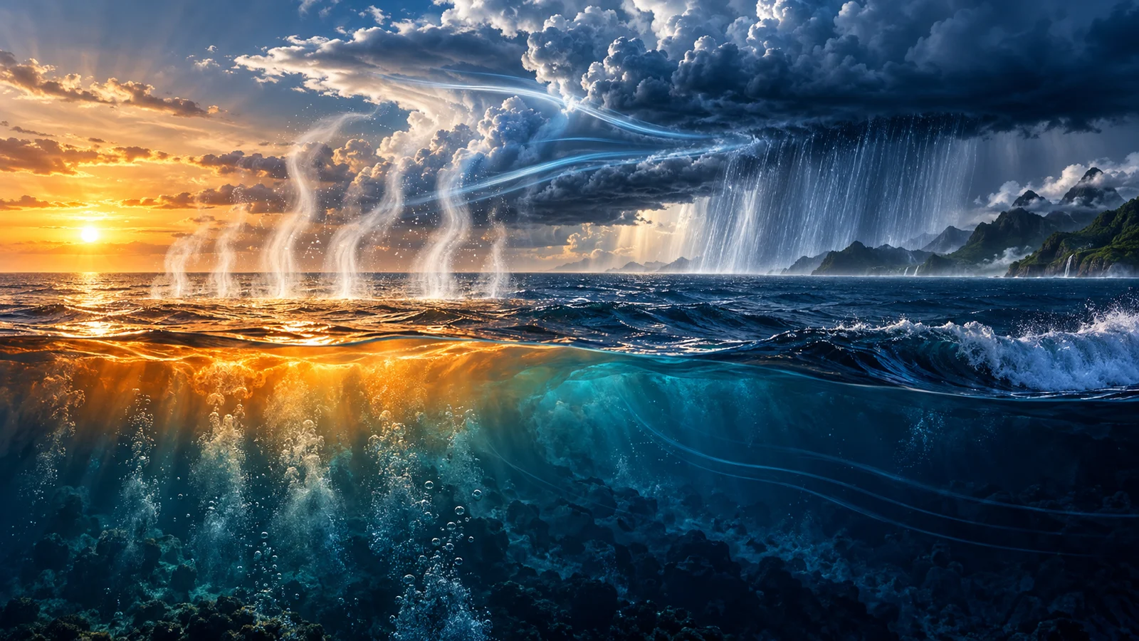 Original editorial artwork showing warm ocean water feeding atmospheric moisture and intense rainfall