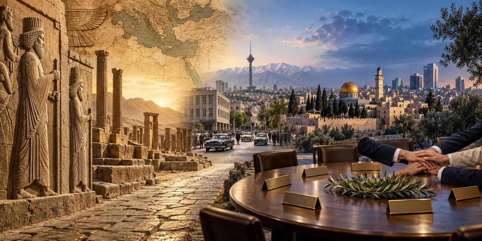 Editorial historical collage linking ancient Persia, modern Iran and Israel, and regional diplomacy