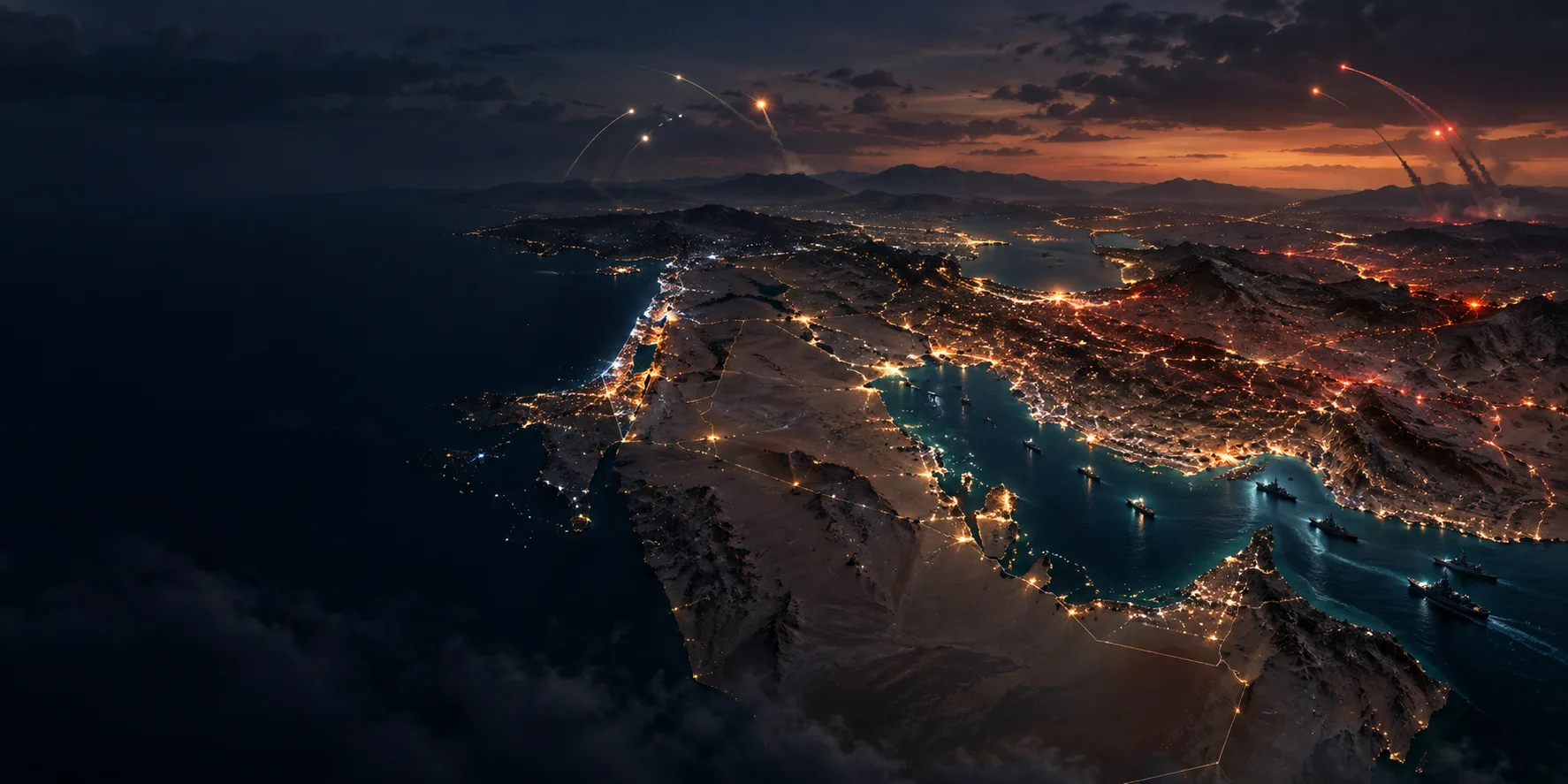 Editorial panorama of the Persian Gulf, Middle East city lights, ships, and distant missile interceptions