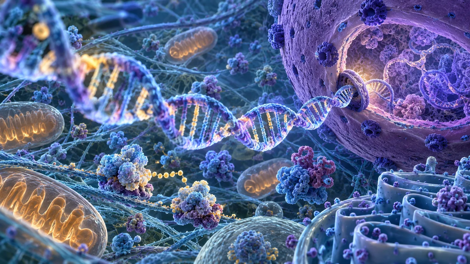 Scientific illustration of DNA, a cell nucleus, mitochondria, and molecular structures