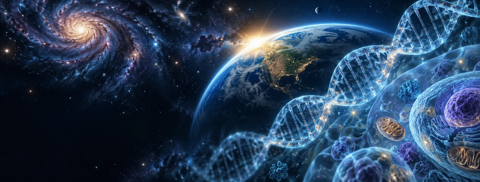 Earth, a spiral galaxy, DNA, and living cells joined in a panoramic scientific illustration