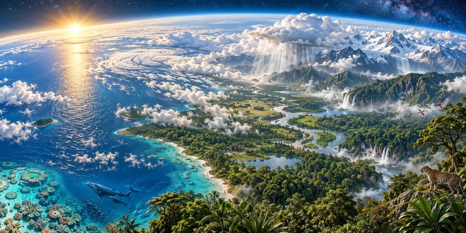 Illustration of Earth’s oceans, clouds, rainfall, mountains, rivers, forests, and wildlife